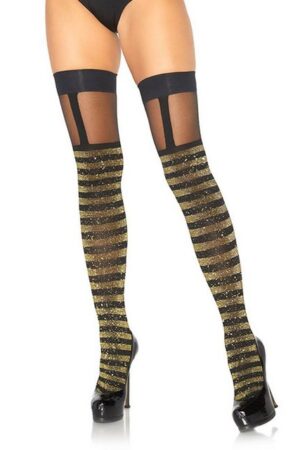 Leg Avenue Strapsstrümpfe Goldgestreifte Glitzerstrümpfe
