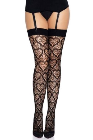 Leg Avenue Strapsstrümpfe Netzstrümpfe mit Herzmuster schwarz Einheitsgröße ca. 36 bis 40