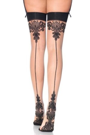Leg Avenue Strapsstrümpfe Straps-Strümpfe mit Barock-Muster - Beige, schwarz (1-Paar) transparenter und elastischer Stoff