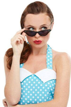 Smiffys Kostüm Rockabilly Cateye Brille schwarz, 50er Jahre Sonnenbrille mit Strasssteinchen