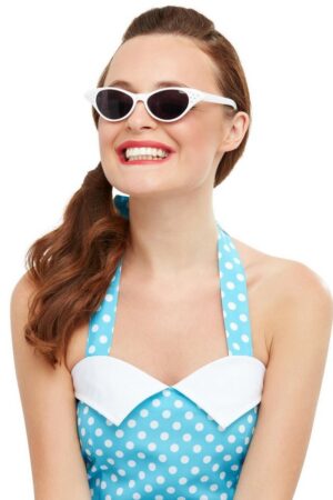 Smiffys Kostüm Rockabilly Cateye Brille weiß, 50er Jahre Sonnenbrille mit Strasssteinchen
