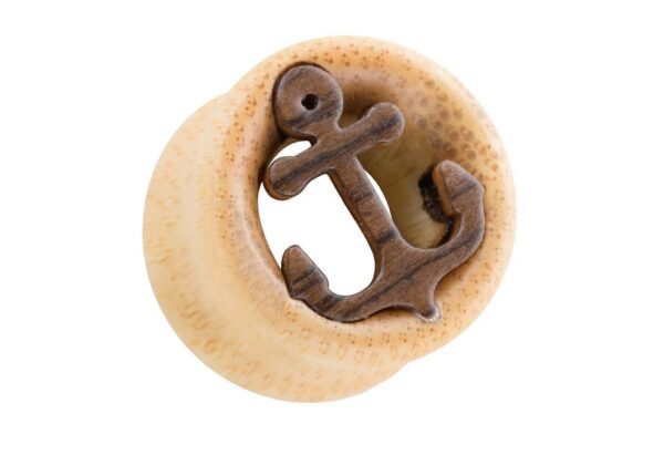 Taffstyle Plug Piercing Organic Rockabilly Anker Inlay Braun, Ohr Plug Flesh Tunnel Ohrpiercing Holz Rockabilly Anker Inlay Braun
