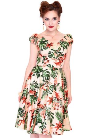 Voodoo Vixen A-Linien-Kleid Tropical Flamingo Swingkleid 50er 50s Retro Blumen