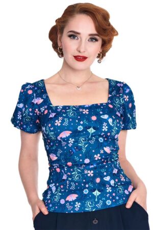 Voodoo Vixen Shirttop Moth And Floral Oberteil Bluse Retro Vintage 50s 50er