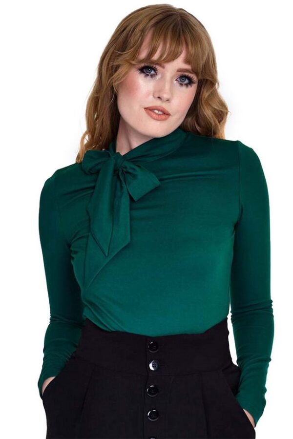 Voodoo Vixen Shirttop Retro Tie Neck Jersey Vintage Classic Oberteil Schluppenbluse