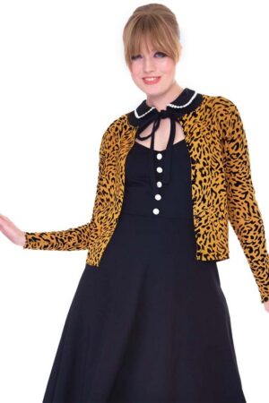 Voodoo Vixen Strickjacke 50s Mustard Leopard Print Retro Vintage Cardigan Leopardenmuster