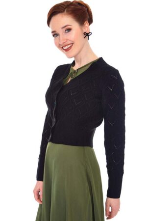 Voodoo Vixen Strickjacke Black Chunky Knit Cardigan Retro Vintage Cardigan Diamantenmuster
