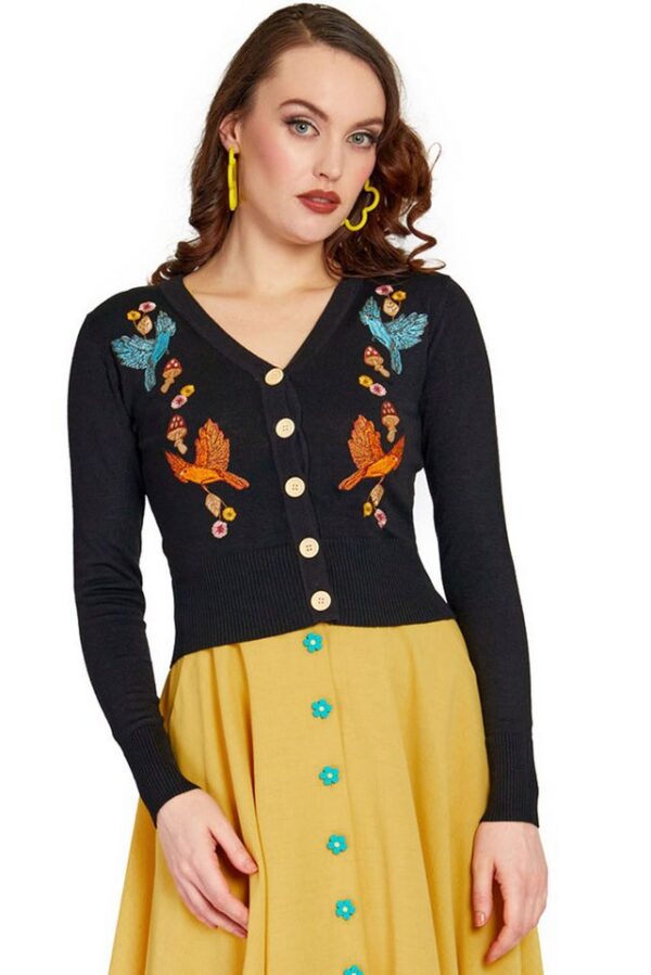 Voodoo Vixen Strickjacke Black Woodland Cardigan Retro Vintage Blumen Vögel Pilze