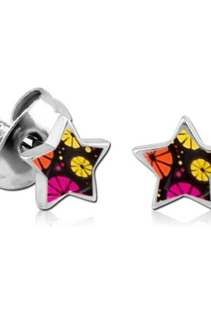 viva-adorno Paar Ohrstecker Edelstahl Sterne mit buntem Motiv Blumen Animal Print Rockabilly, Stern Ohrstecker Leopard Tiger Zebra Muster