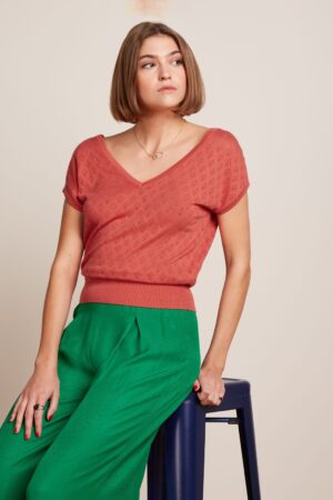 Mateo Strick Double V Top in Tweed Orange.