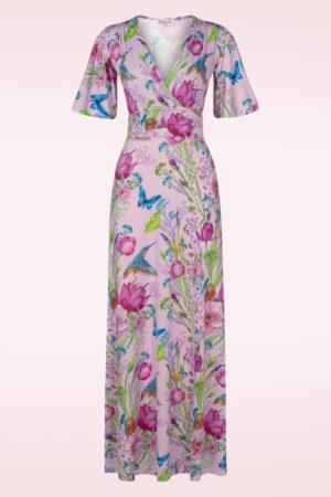 Clara Maxikleid mit Blumen und Eisvögeln in Rosa