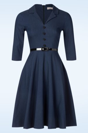 Arinde Pinstipe Swing Kleid in Marineblau.