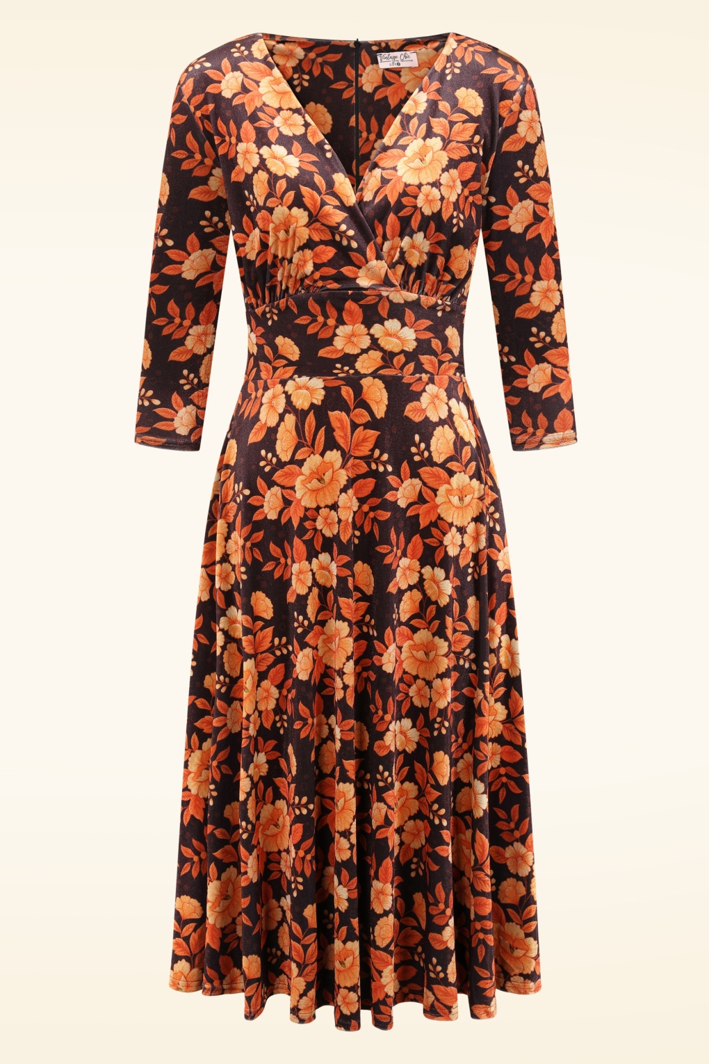 Caroline Floral Velvet Swing Kleid in Schwarz und Orange