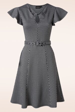 Front Twist Flutter Sleeve Kleid in Schwarz und Weiß