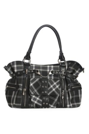 Banned Schultertasche Rise Up Schwarz Weiss, Tartan Schultertasche