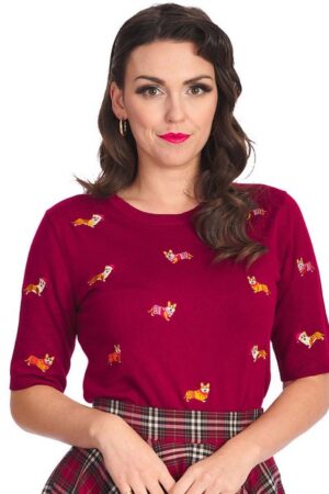 Banned Strickpullover The Queens Corgi Burgunder Vintage Rockabilly Hunde