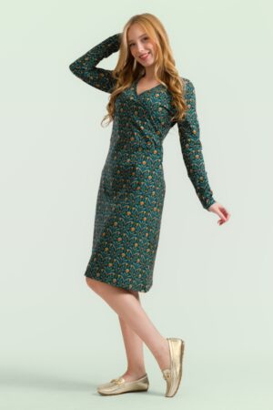 Chrissy Cross Barock Flower Kleid in Grün