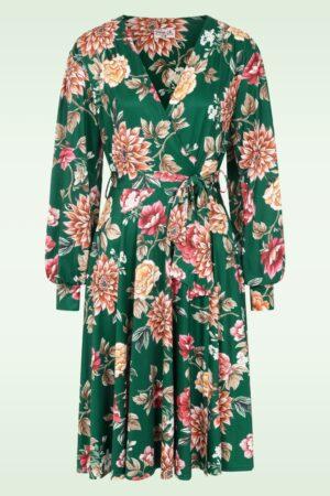 Exklusiv bei Topvintage ~ Blooming Belle Slinky Swingkleid in Grün/mehrfarbig