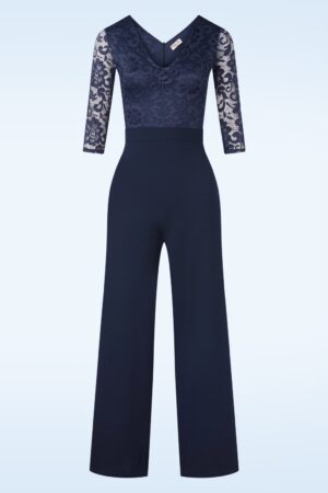 Exklusiv bei Topvintage ~ Maribelle Spitze Jumpsuit in Marineblau.
