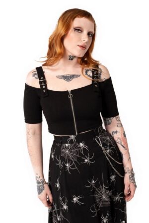 Hell Bunny Crop-Top Obsidian Bauchfreies Oberteil mit Nieten Gothic Goth Punk