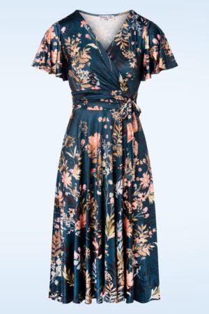Irene Floral Cross Over Swing-Kleid in Petrolblau