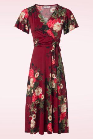 Irene Floral Cross Over Swing Kleid in Weinrot