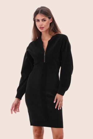 Jessy Bomber Style Velours-Strickkleid in Schwarz