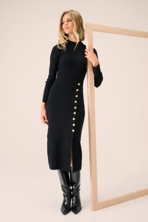 Linear Luxe Maxi-Strickkleid in Schwarz