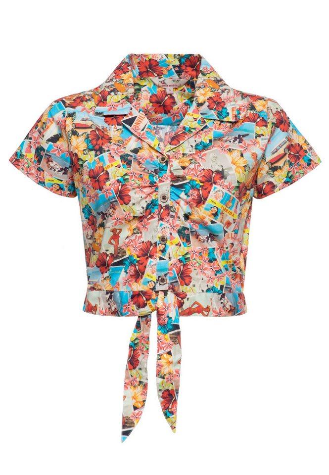 QueenKerosin Kurzarmbluse Beaches mit Bindeband am Saum