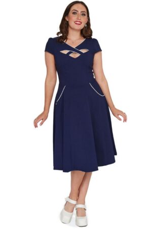 Voodoo Vixen A-Linien-Kleid Connie 1950's Contrast Piping Navy Vintage Rockabilly Retro