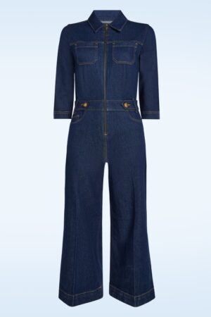 Zip Onyx Denim Jumpsuit in tiefem Blau.