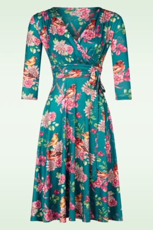 Exklusiv bei Topvintage ~ Aria Floral Swingkleid in Petrol