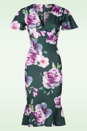 Exklusiv bei Topvintage ~ Katie Floral Jacquard-Bleistiftkleid in Dunkelgrün und Lila