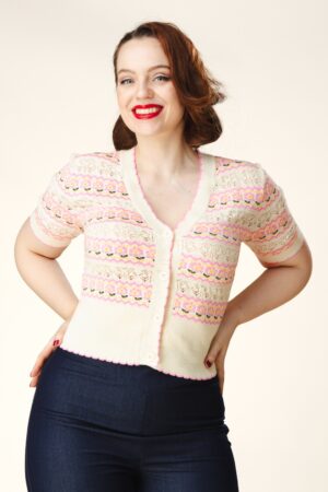 Exklusiv bei Topvintage ~ Lily Flower Cardigan in Creme und Rosa