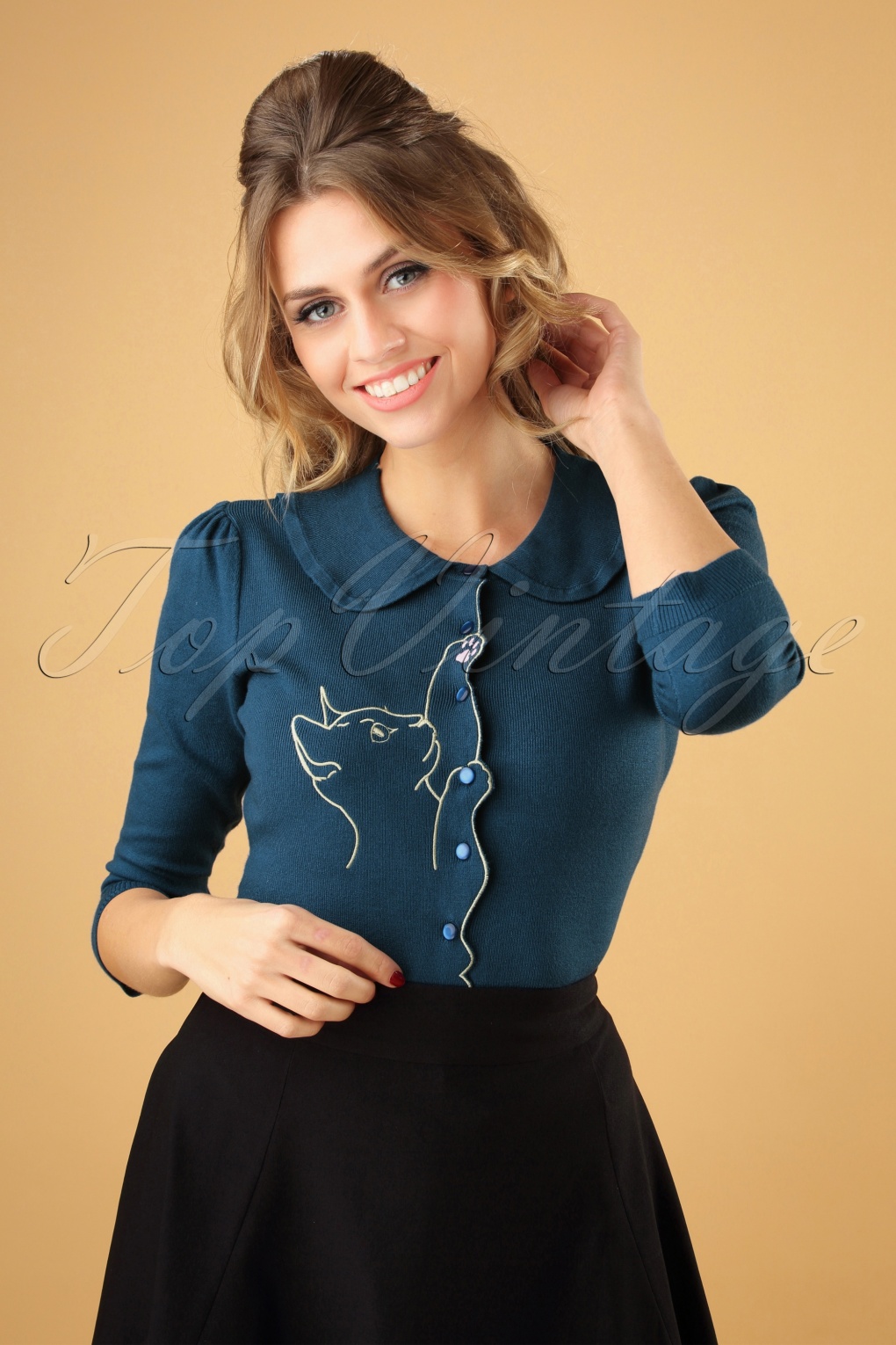 Katze Scallop Kragen Strickjacke in Türkis.