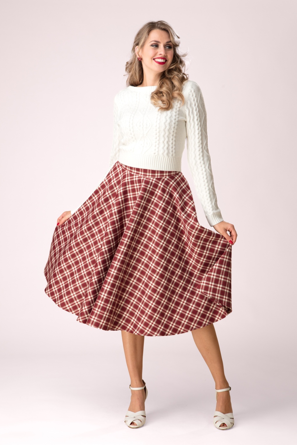 Melanie Karierter Swingrock in Bordeauxrot