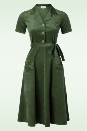 Midi Revers Dress in Corduroy Green