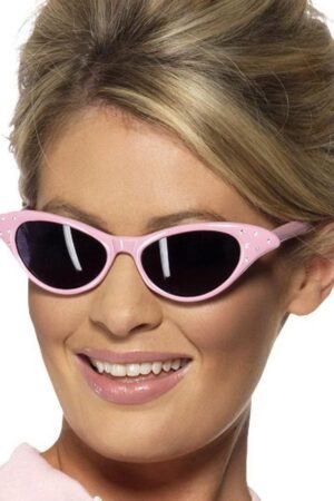 Smiffys Kostüm Rockabilly Cateye Brille pink, 50er Jahre Sonnenbrille mit Strasssteinchen