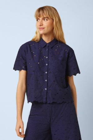 Evelina Brava Bestickte Bluse in Blau