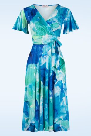 Irene Watercolour Cross Over Swing Kleid in Blau