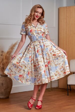 Bella Retro Beach Swingkleid in Creme/mehrfarbig