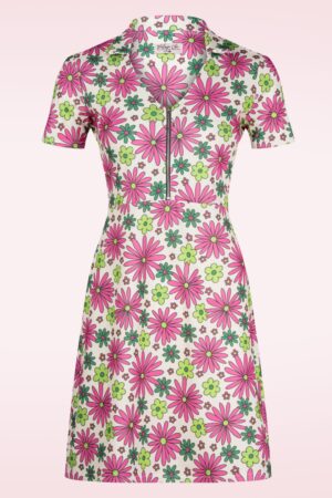 Daisy Retro Flower Kleid in Rosa und Grün.