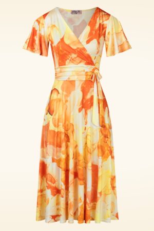 Irene Aquarell Cross Over Swing Kleid in Orange und Gelb