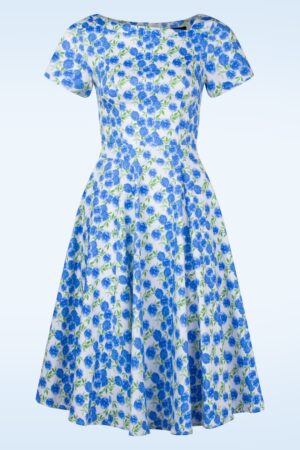 Isabella Floral Swing Kleid in Weiß und Kornblumenblau