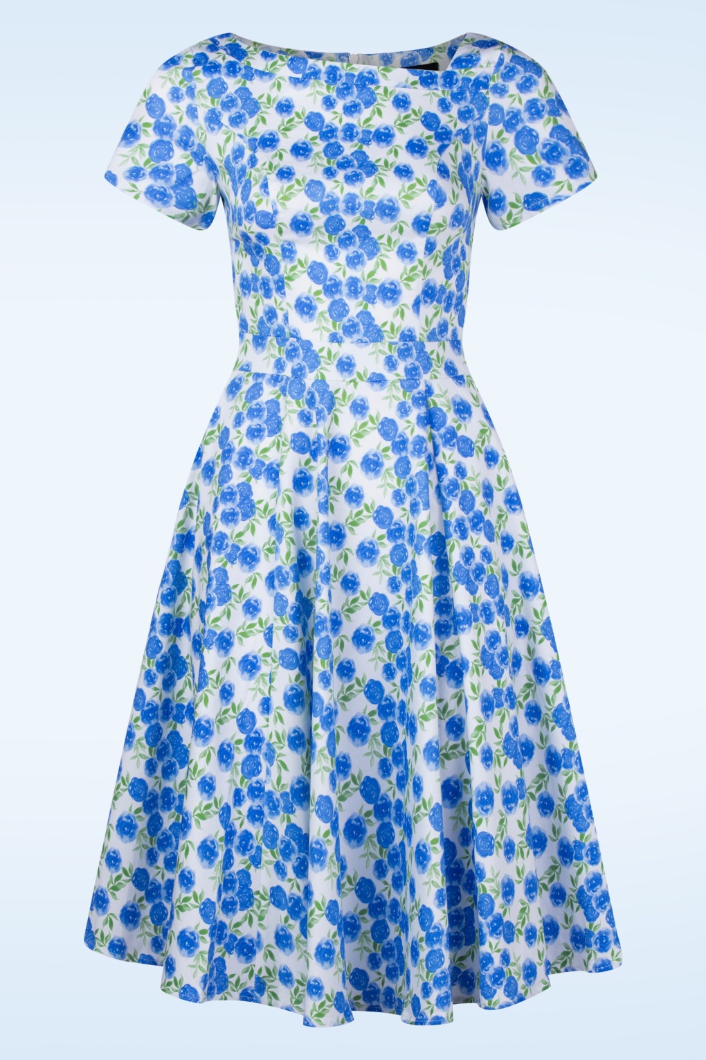 Isabella Floral Swing Kleid in Weiß und Kornblumenblau