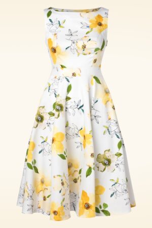 Jamie - Swing-Kleid mit gelben Blumenmuster in Weiß