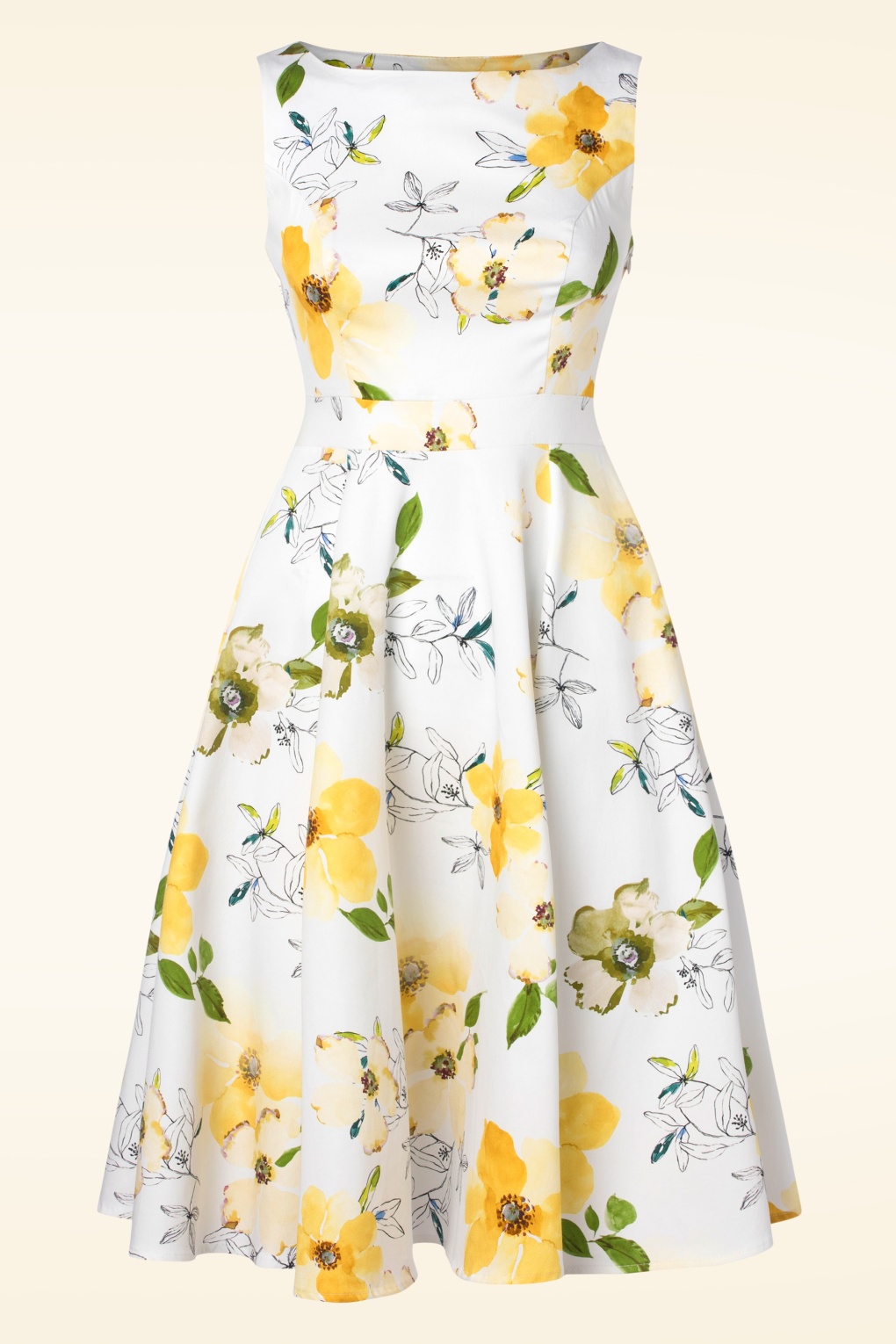 Jamie - Swing-Kleid mit gelben Blumenmuster in Weiß