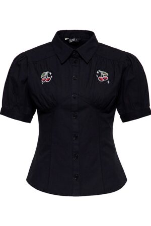 QueenKerosin Kurzarmbluse Cherry mit Bruststickerein