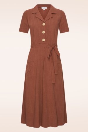 Revers Leinen-Midikleid in Terracotta