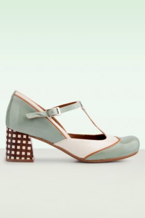 Salvia T-Riemen-Pumps in Graublau und Creme